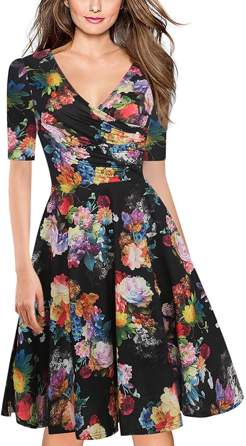 oxiuly Women's V-Neck Long Sleeve Floral Casual Cocktail Party Swing Dress LH233