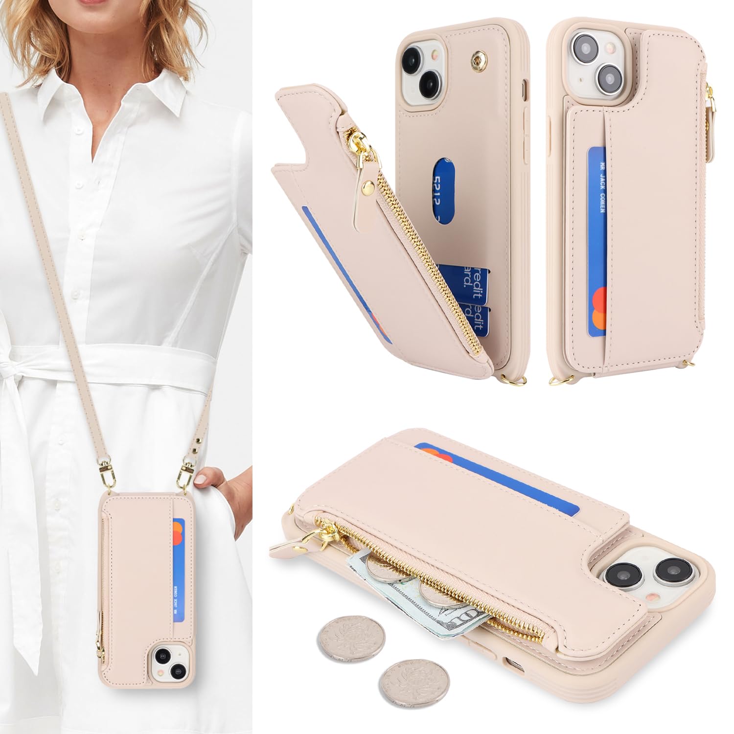 SailorTech for iPhone 15 Plus Phone Case with Credit Card Holder for Women, iPhone 15 Plus Leather Case Wallet Crossbody with Credit Card Slots Zipper Shockproof Case for Men - Apricot