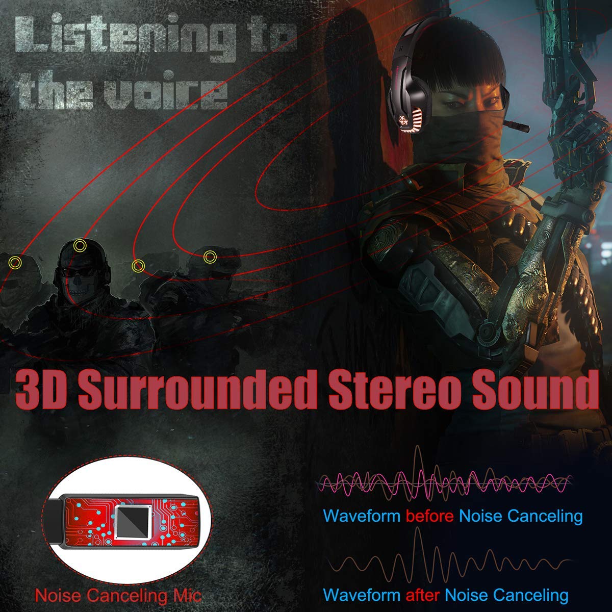 LATEC Gaming Headset für PS4, PC, Xbox One S, Laptop, Tablet, Phone, Mac, Gaming Kopfhörer mit Mikrofon, LED-Licht Stereo Bass Surround Rauschunterdrückungsmikrofon Over-Ear Headphones