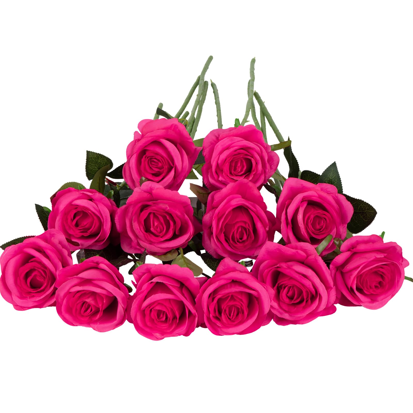Laelfe 12 Pcs Hot Pink Roses Artificial Flowers, 53 cm Long Stem Faux Silk Fuchsia Roses Fake Pink Flowers for Wedding Bridal Bouquets Home Party Arrangment Hotel Garden Decorations
