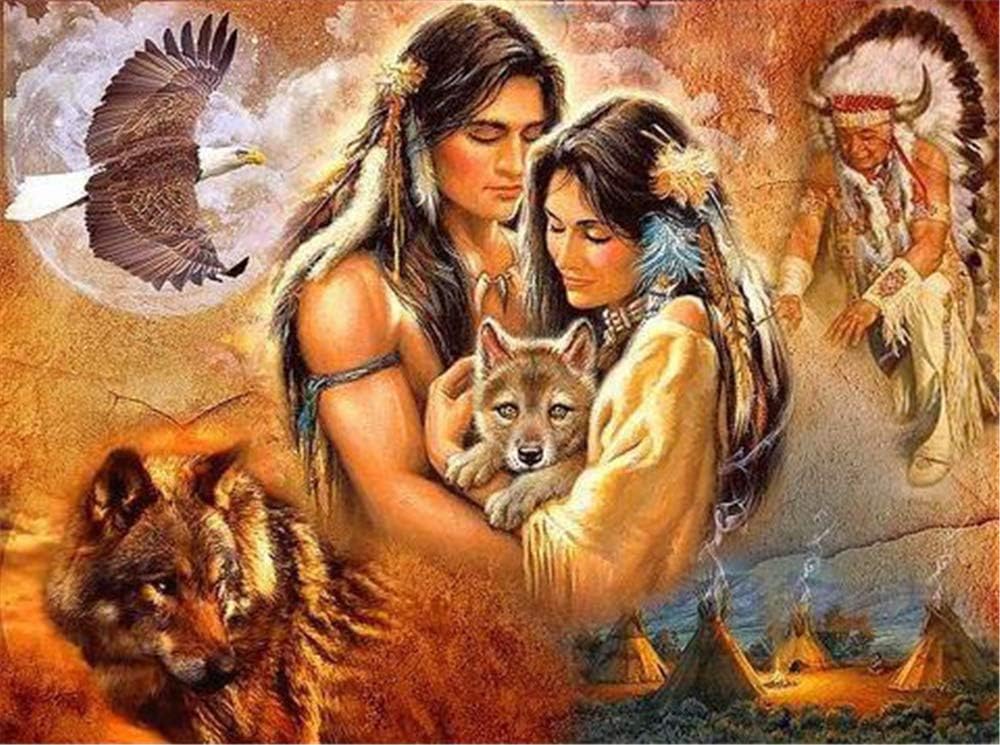 Paint-by-Number Kits for Adults - Indian Lovers and Wolves - Includes Brushes, Paints and Numbered Canvas - 16x20 Inch - Great for Kids and Adults,Without Frame