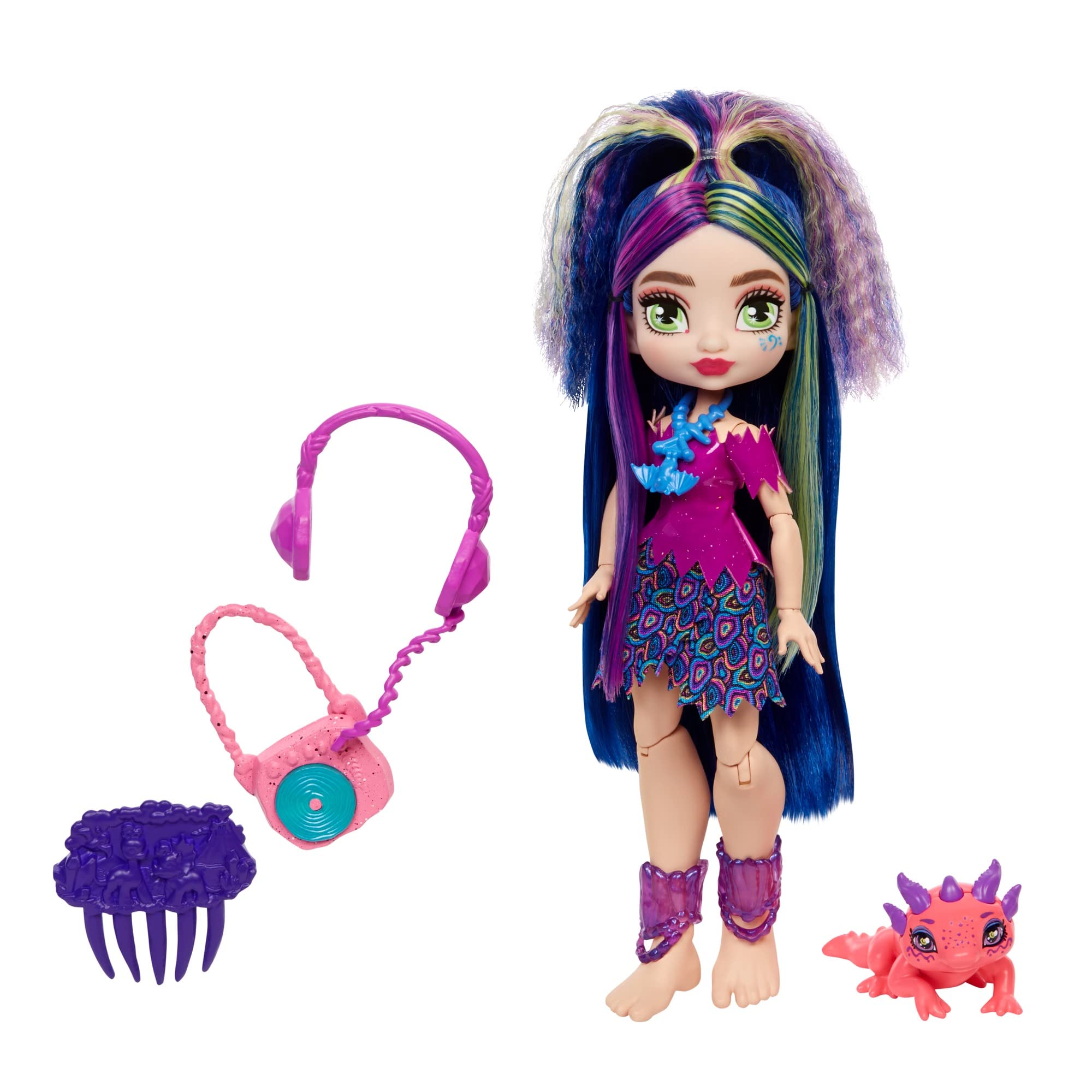 Cave Club Lumina Doll (8 – 10-in, Blue & Neon Hair) Posable Prehistoric Fashion Doll with Dinosaur Pet & Accessories, Gift for 4 Year Olds & Up​