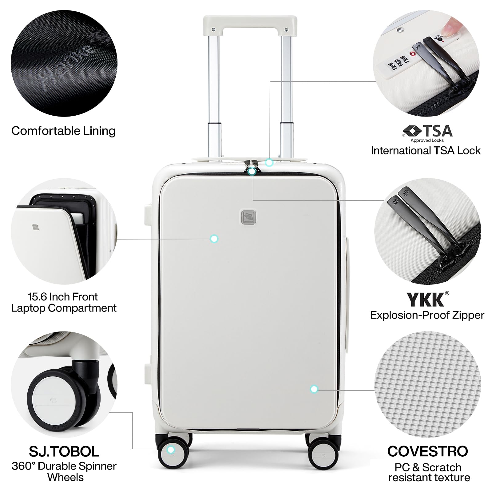 Hanke Grace Hard Shell Suitcases with Wheels,20 Inch Carry On Luggage Airline Approved with Aluminum Frame, Travel suitcase with Front Pocket Travel Luggage for Short Business Trips, Smoke White.