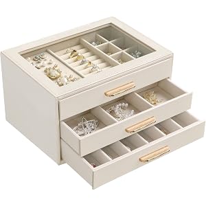 Homeanda Jewelry Box Organizer with Glass Lid, 3-Layer Leather Case, Beige | Modern 3-Drawer Storage for Women, Ring Earring