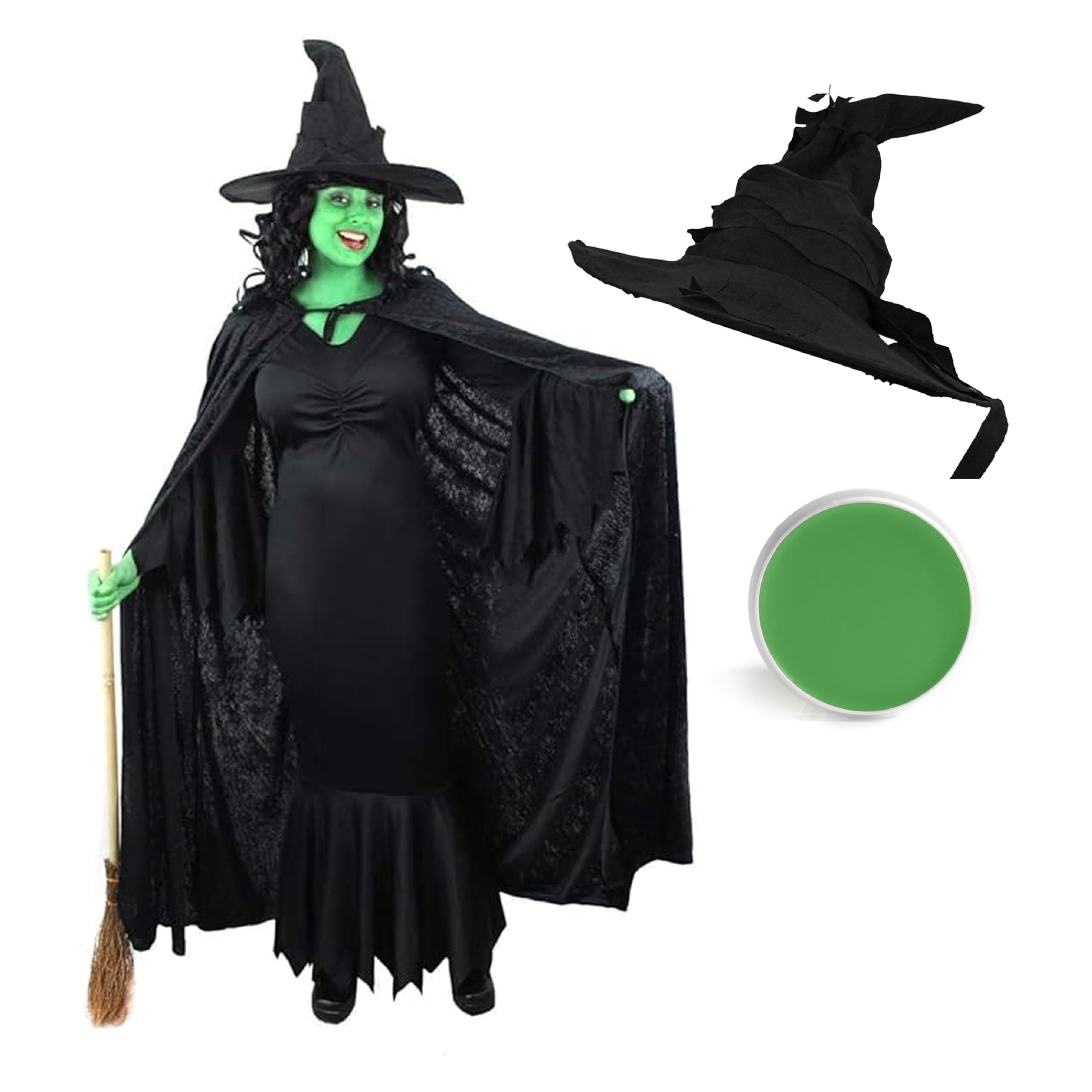 Ladies Wicked Witch Halloween Costume - Medium - Black Dress + Hooded Velour Cape + Witch's Hat + Green Facepaint - Fancy Dress Party Book Movie Themed