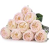 Daifunli 10pcs Real Touch Peonies Artificial Flowers, Faux Austin Rose with Long Stem Look Real Fake Flower for Christmas Valentines Arrangement Wedding Party Home Kitchen Decor(Flesh Pink)