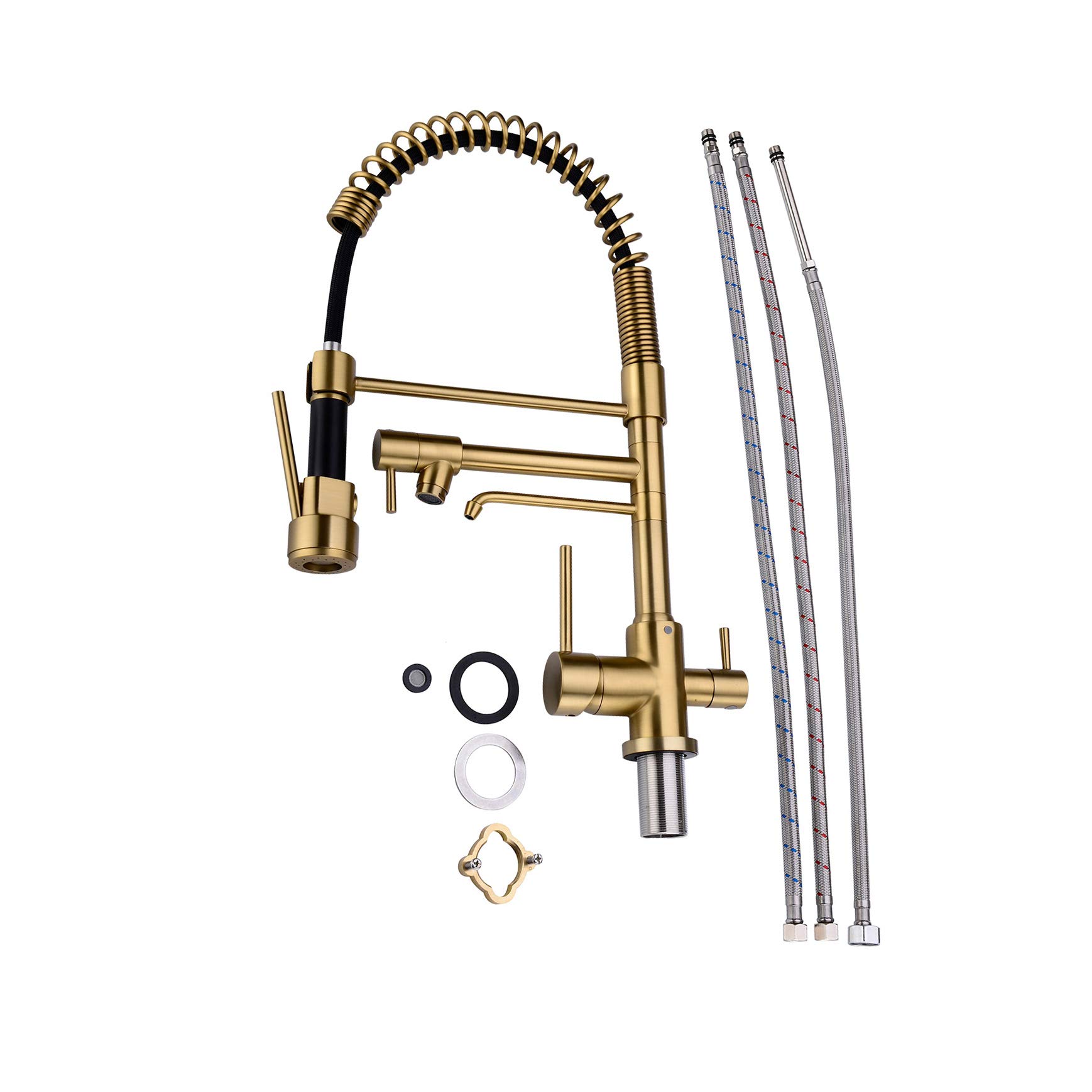 Delle Rosa Kitchen Faucet, (Incomplete item) 3 Way Drinking Water Faucet, Modern Kitchen Faucet with Pull Down Sprayer, Dual Handles Kitchen Sink Faucet, 3 in 1 High Arc Water Filter Purifier Faucets Brushed Gold