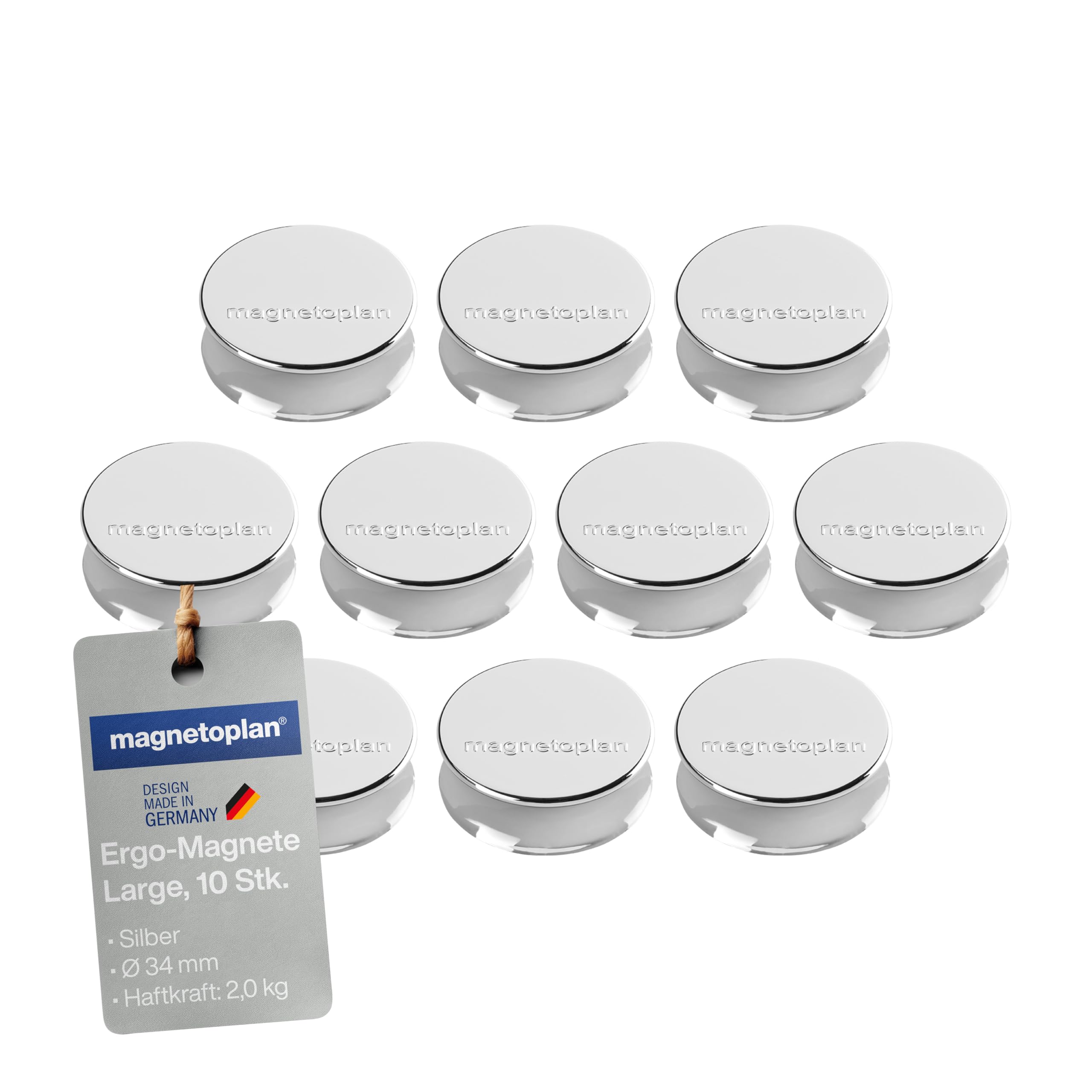 Ergo Large Magnets, Diameter 34 mm x 12.5 mm, Pack of 10 Silver