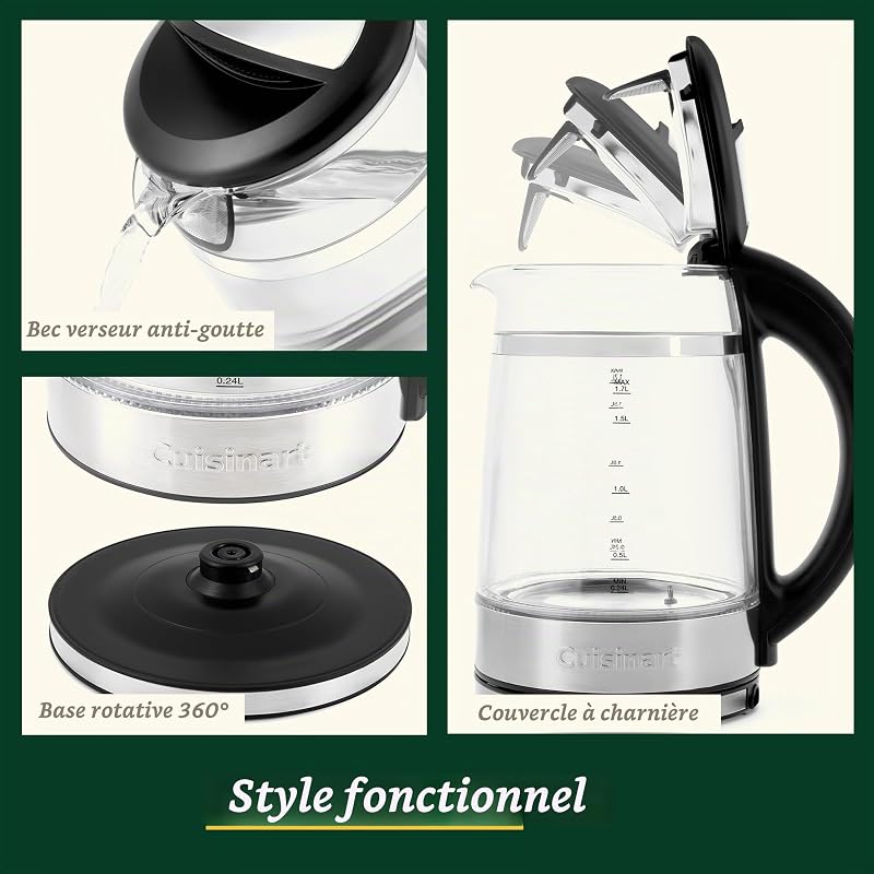 Bouilloire en verre 1,7 L à température variable. Ébullition rapide 3 kW, double paroi froide au toucher, sans BPA, Arrêt automatique, bec anti-goutte, base 360°