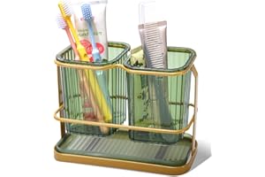 KONE Green Toothbrush Holders for Bathrooms, 2 Cups Toothbrush Holders Wall Mounted, Dry & Wet Separation, Bathroom Organizers and Storage, Bathroom Toothbrush Holder Set for Family Kids