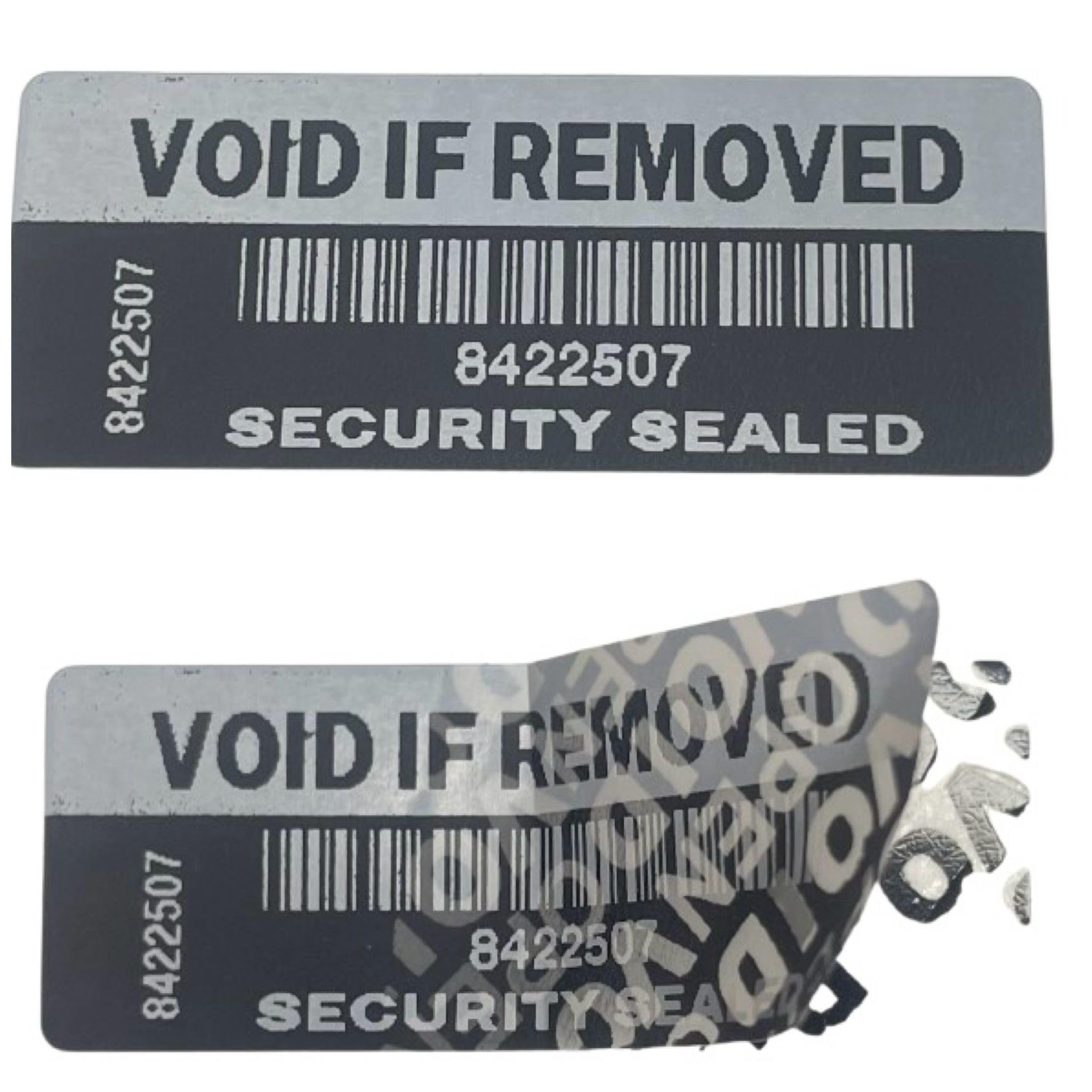 100 X Security Labels Stickers Void if Removed Tamper-Evident Security Sealed Each with Scannable SKU Code and Serial Number