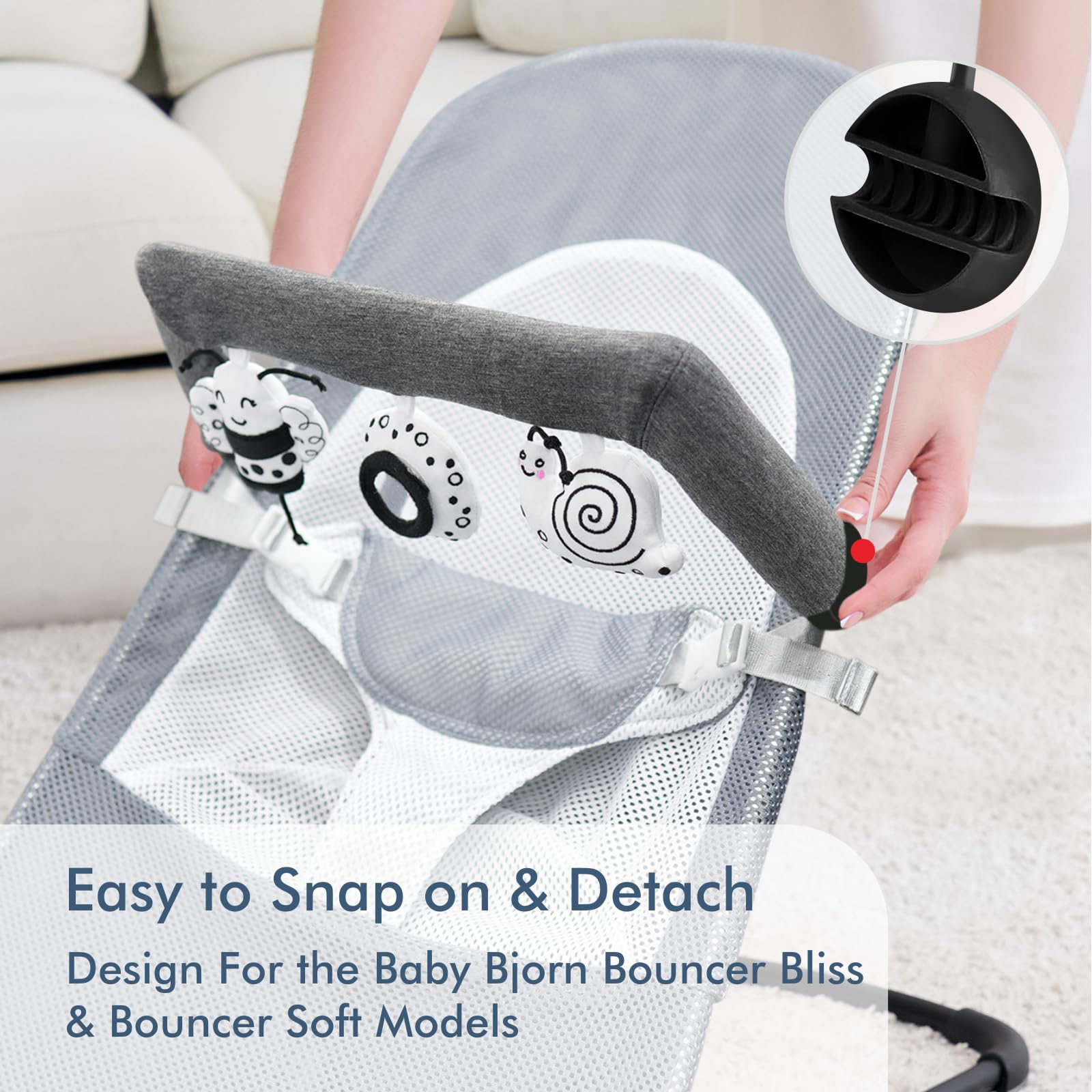 Baby Bjorn Bouncer Toy Bar, Toy Bar for Baby Bouncer Bliss and Balance Soft with 3 PCS Cute Sensory Toys, Easy to Attach and Remove, Skin -Friendly, Machine Washable, Black and White, Soft