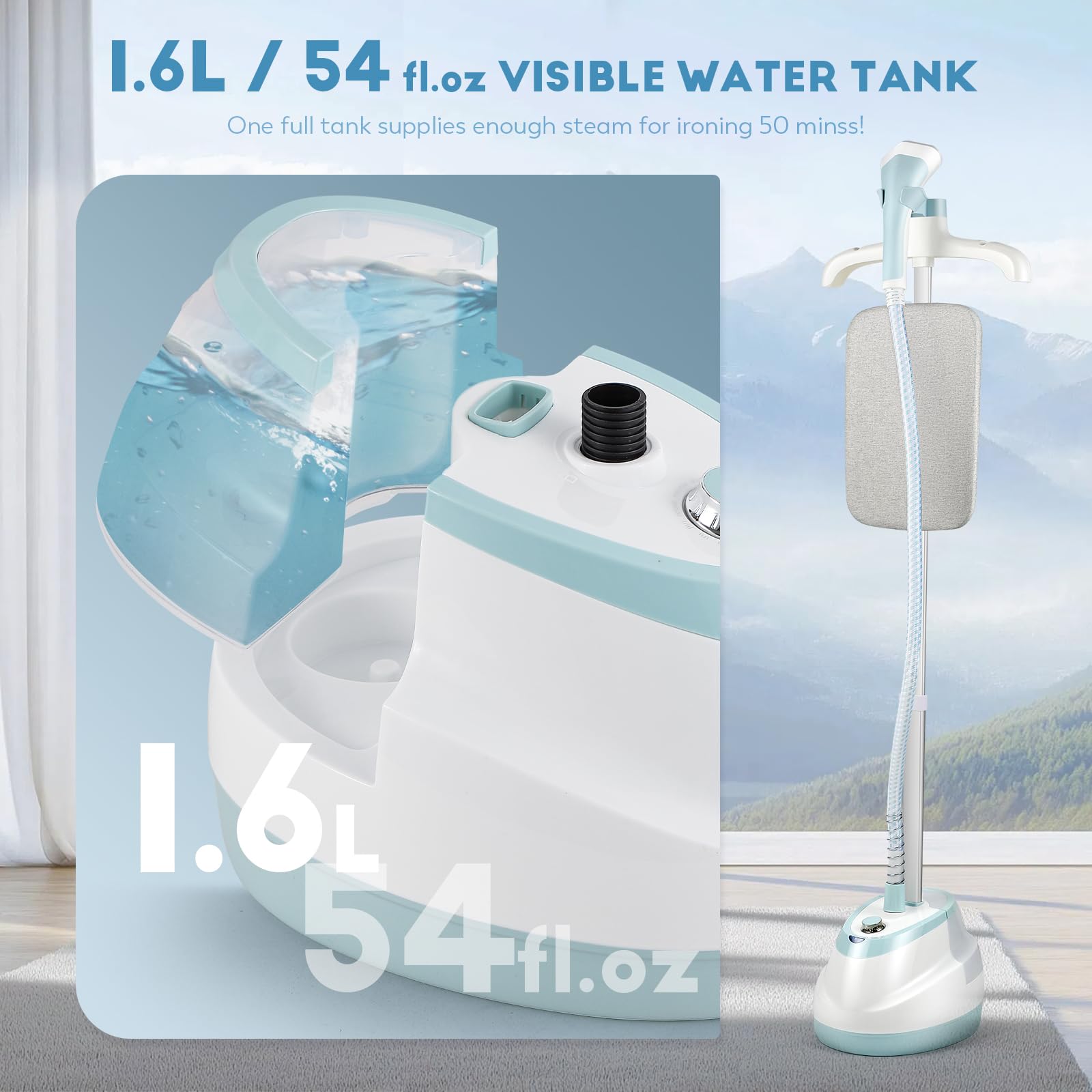 CGOLDENWALL 2-in-1 Standing Garment Steamer for Clothes with Flat & Hanging Iron Options, Powerful Wrinkle Remover, 1-Hour Continuous Steaming, Includes Garment Hanger, Ironing Board, and Gloves