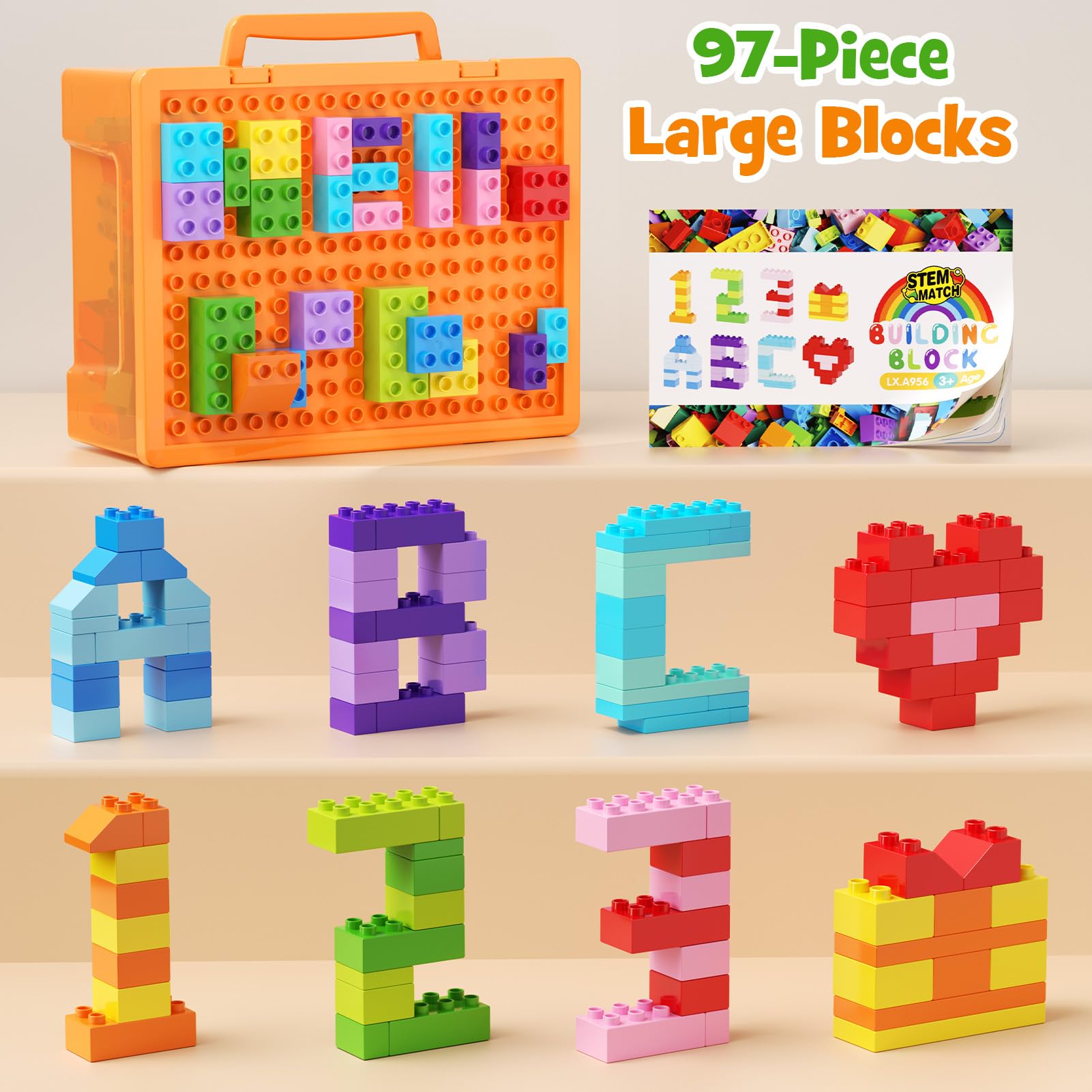 97 Teile große bausteine, Klassische Bausteine in 12 Farben und 8 Formen, Kreative Bauklötze kompatibel mit großen Marke, Konstruktion Spielzeug mit Aufbewahrungsbox für Kinder ab 3 4 5 6 Jahren 5