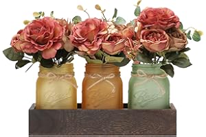 MARACCO Fall Mason Jars, Thanksgiving Centerpiece Table Settings, Wood Tray with 3 Painted Jars, Dining Coffee Table Centerpiece Harvest Mason Jar Decor with Flowers