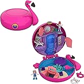 Polly Pocket Compact Playset, Flamingo Floatie with 2 Micro Dolls & Accessories, Travel Toys with Surprise Reveals