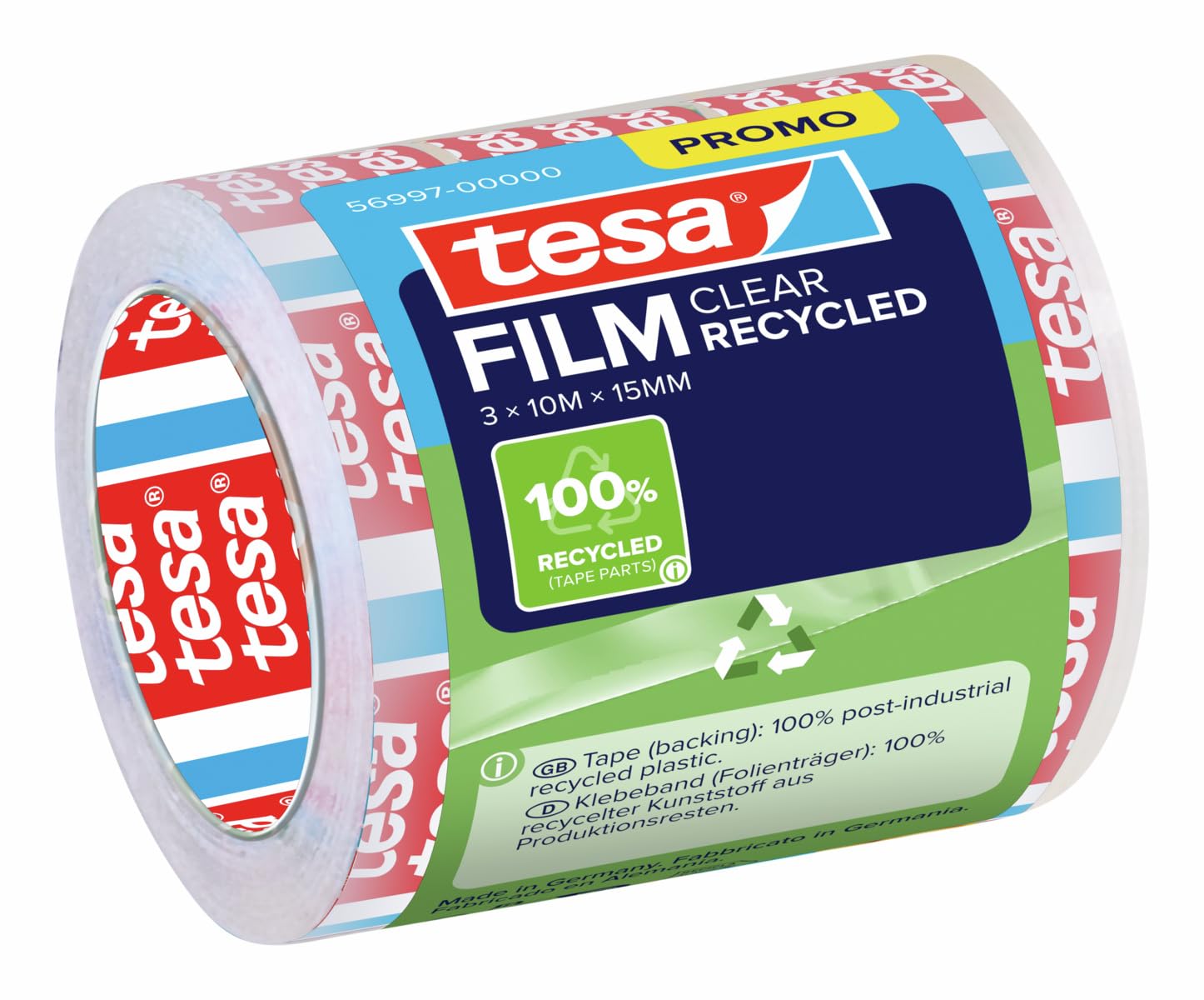 tesafilm CLEAR RECYCLED - transparent adhesive tape - 100% recycled plastic - tear-resistant - adhesive-strong, solvent-free and age-resistant - 3 rolls of 10 m x 15 mm each