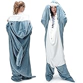 Touchat Shark Blanket for Adult & Kids Super Soft Cozy Flannel Throw Wearable Blanket, Cartoon Animals Shark Onesie Hoodie, Sleeping Bag Cosplay Shark Costume Blanket Gifts for Shark Lovers (Blue,M)