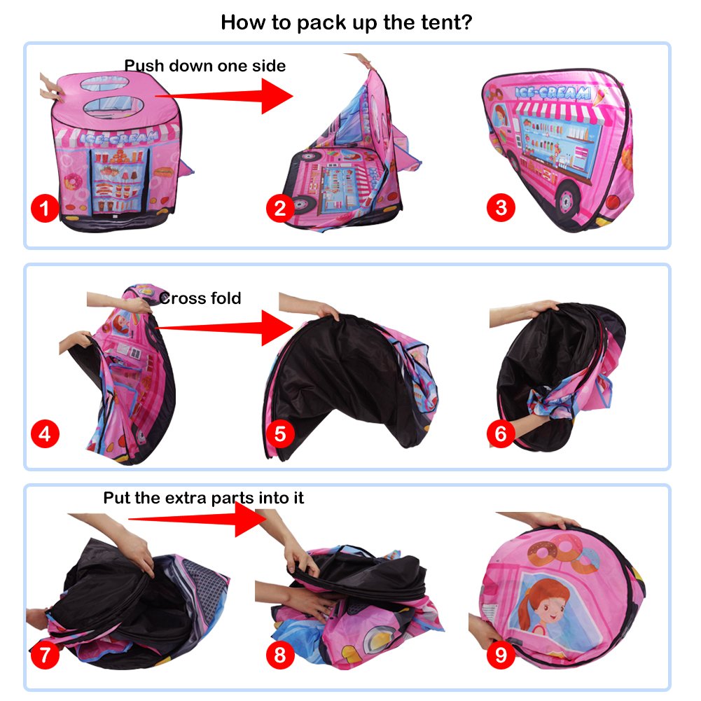 Nuheby Tente Enfant Tente Maison Exterieur Intérieur Jeu de Plein Air et Sport Tente Pliante Facile avec Sac de Rangement Portable Bonbons à la Crème Glacée Véhicule Playhouse Enfant 3 4 5 6 7 Ans