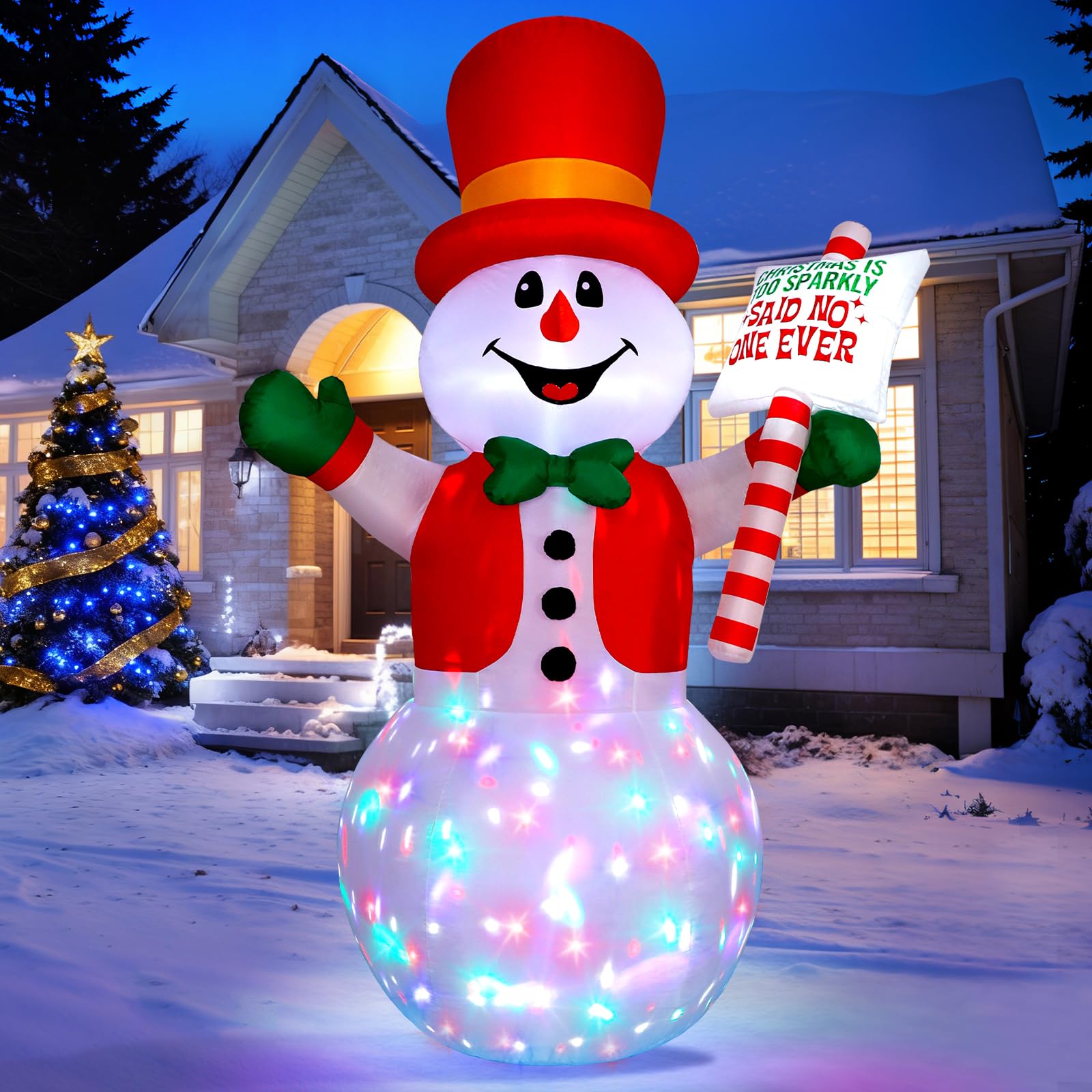 8FT Christmas Inflatable Outdoor Decoration Snowman, Xmas Decorations Snowman Holding Sign Welcoming Guest, Built-in Rotating Disco Light, Blow Up Outside Decor for Lawn Yard Garden