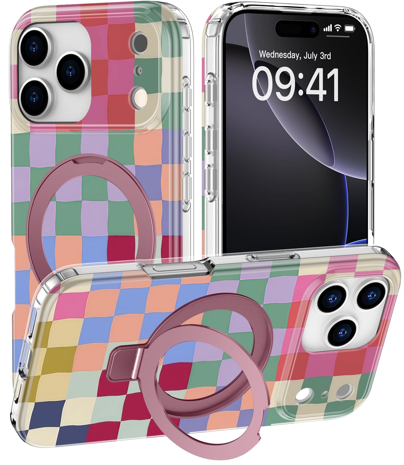 DEENAKIN for iPhone 17 Pro Case - Wireless Charging Compatible - Integrated Multi-Functional Kickstand - Protective Phone Case with Trendy Cute Designs for Women - Colorful Checkerboard