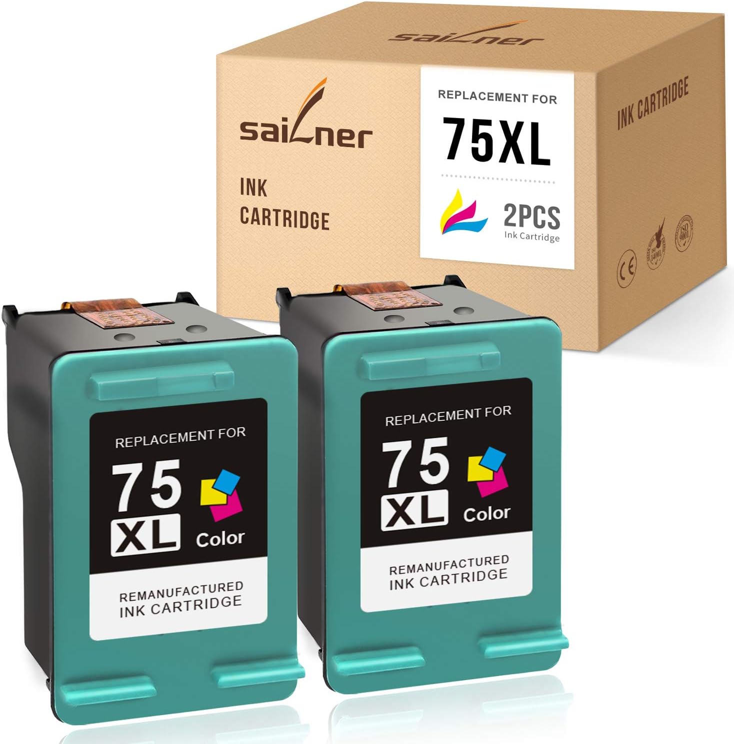 SAILNER Remanufactured Ink Cartridge Replacement for HP 75XL use with DeskJet D4260 D4360 OfficeJet J5740 J5750 J5780 PhotoSmart C4210 C4240 C4250 C4280 Tri-Color, 2 Pack