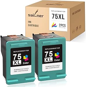 SAILNER Remanufactured Ink Cartridge Replacement for HP 75XL use with DeskJet D4260 D4360 OfficeJet J5740 J5750 J5780 PhotoSmart C4210 C4240 C4250 C4280 Tri-Color, 2 Pack