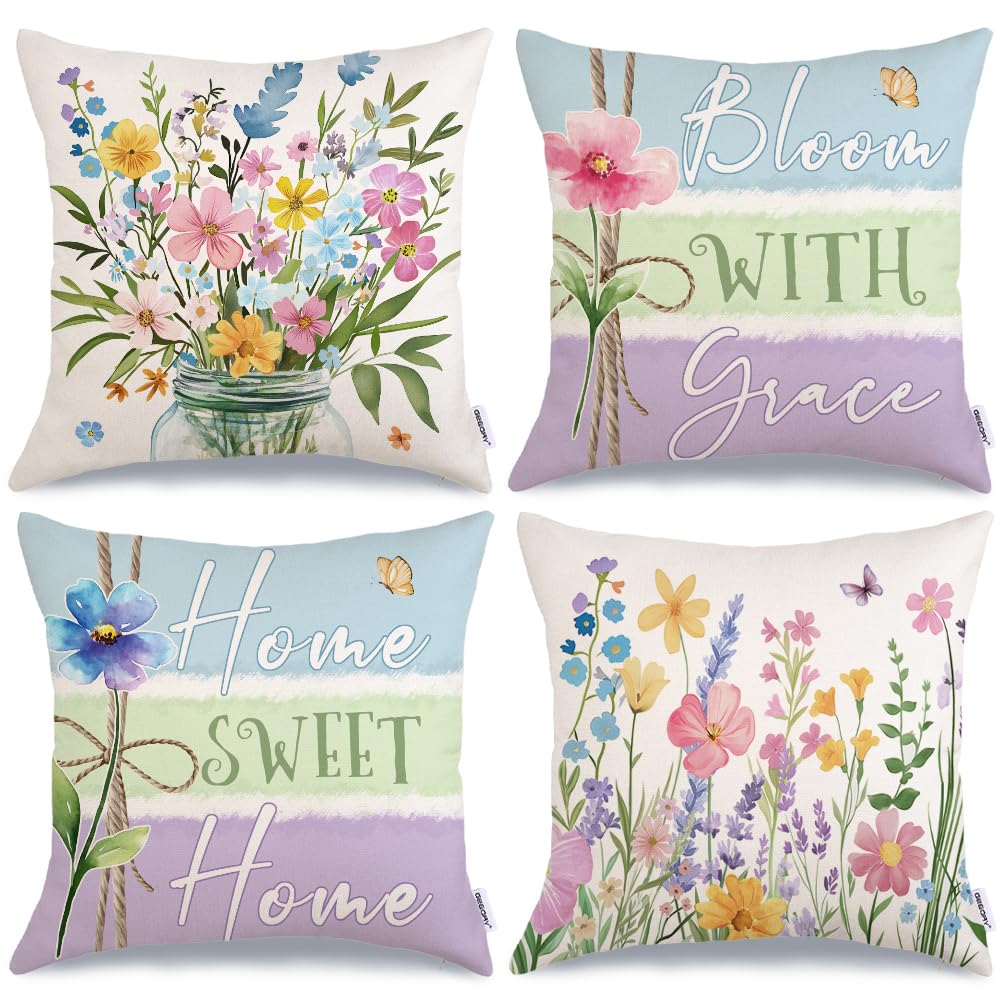 GEEORY Spring Floral Mason Jar Throw Pillow Covers Set of 4, 18x18 inch Home Sweet Home Bloom with Grace Farmhouse Stripes Seasonal Decorative Sofa Couch Case for Home Decoration G692-18