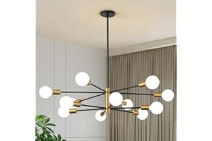 KAISITE Modern Chandelier 12-Light Sputnik Chandeliers Black and Gold Chandelier Light Fixtures for Dining Room Over Table Mid Century Height Adjustable High Ceiling Kitchen Farmhouse Chandelier