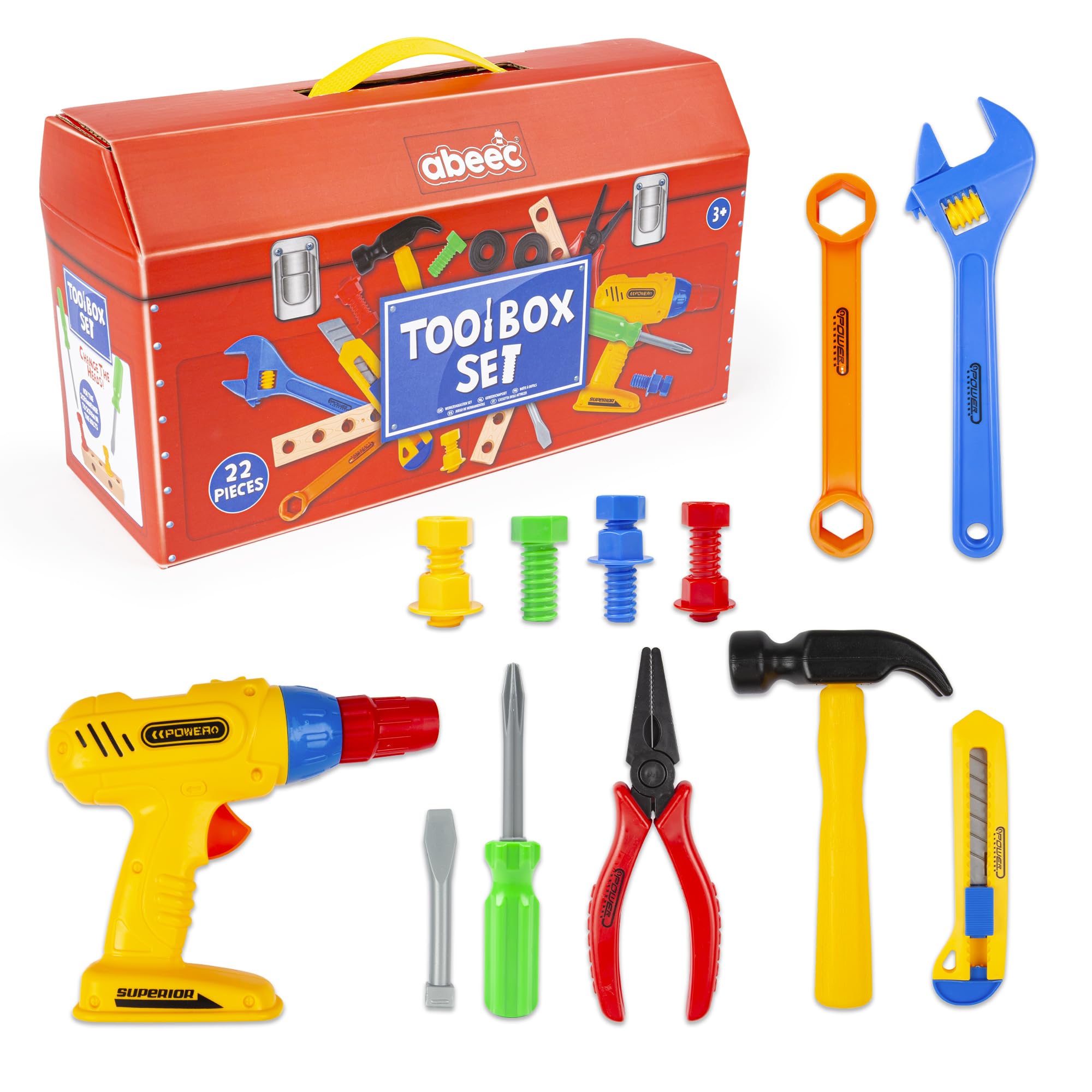 abeec Childs Tool Kit - 22 Pc Tool Set - Childrens Toys - Building Toys For Kids 3 And Above - Toddler Toys Kids Tool Kit With Play Drill Included - Construction Toys For 3 Year Olds