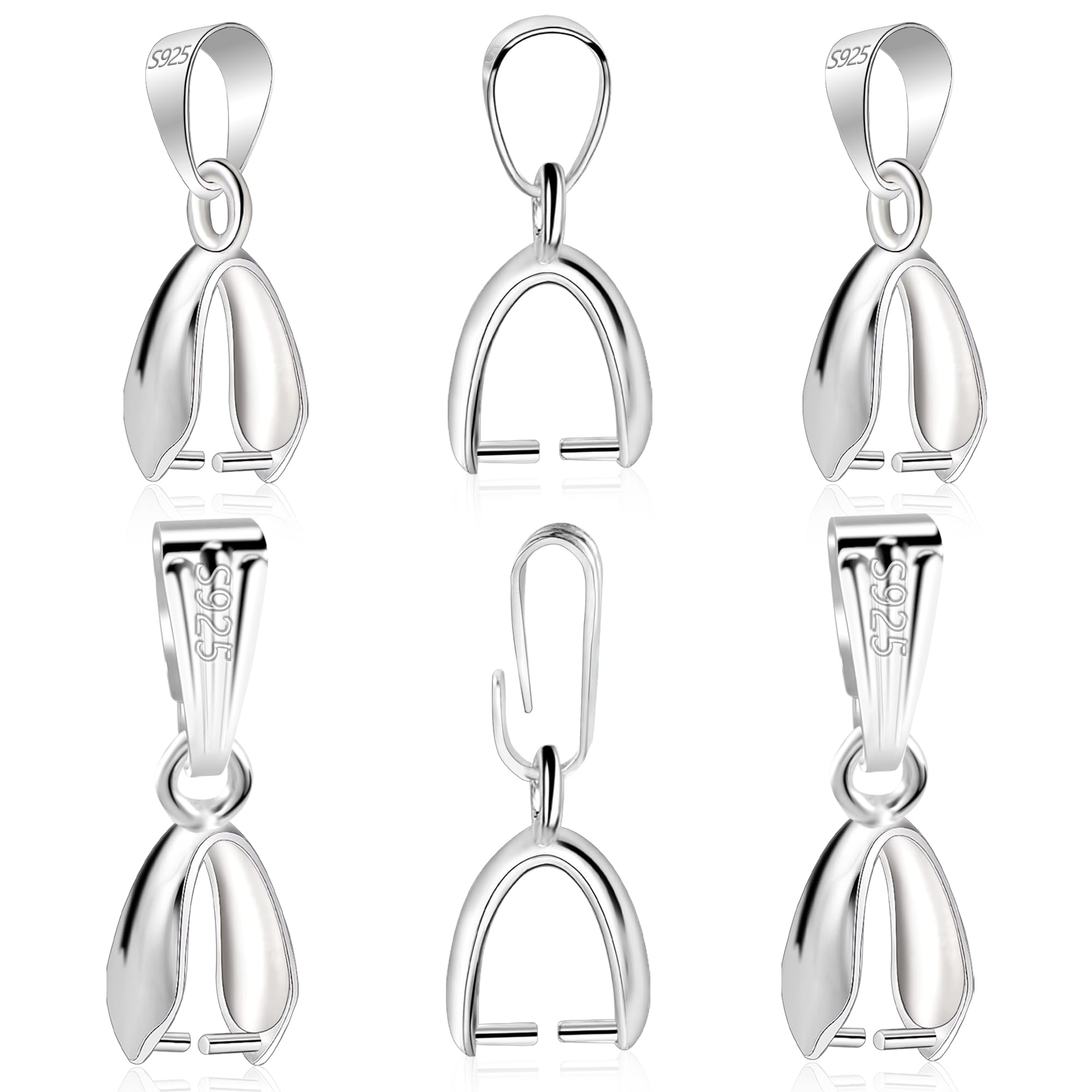 ALEXCRAFT 6Pcs 925 Sterling Silver Pendant Clasp Pinch Clip Bails for Jewelry Making, Slider Pendant Connectors with Open Loop, Sterling Silver Findings Jewelry Pendants Clasps for Necklace Charms