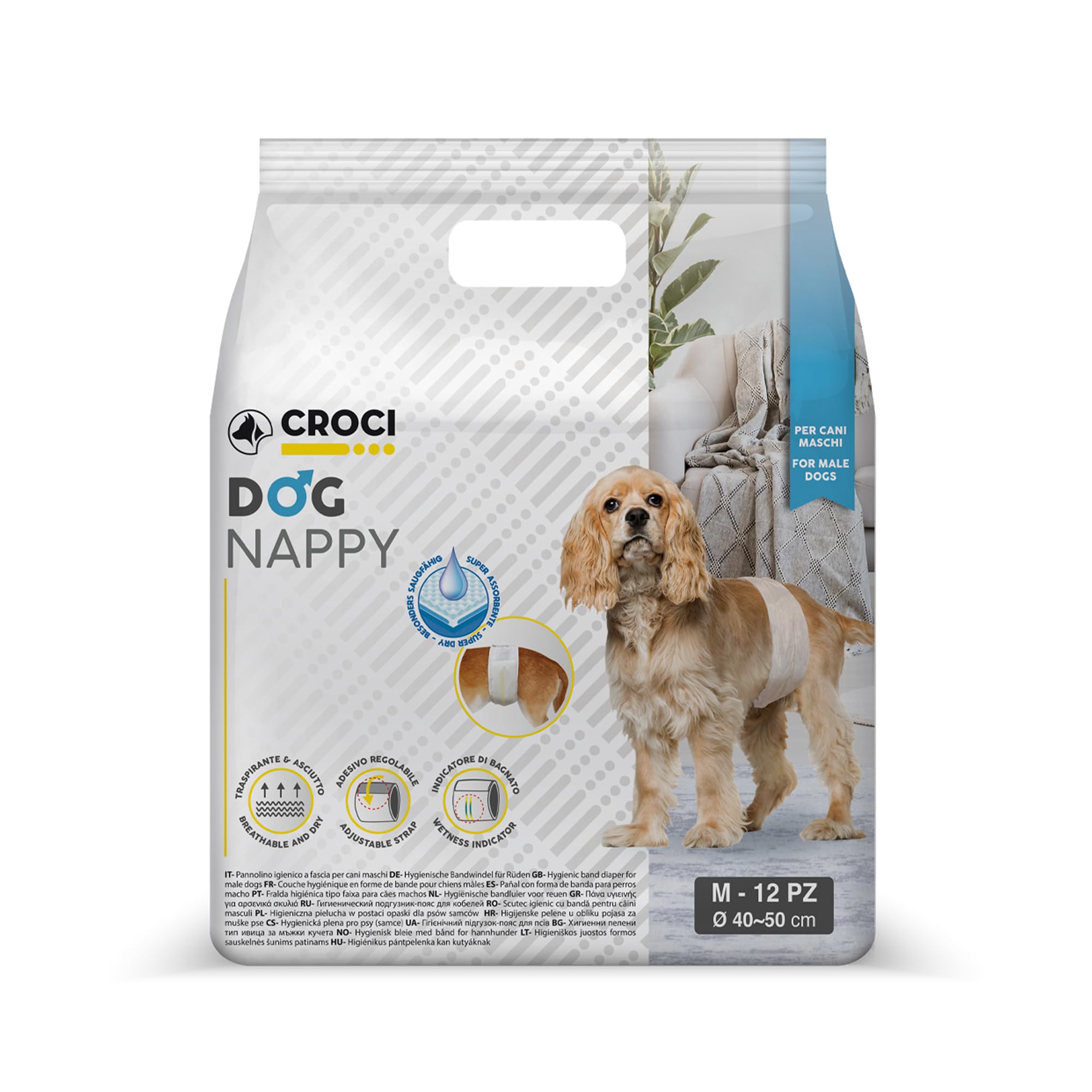 Croci Dog Nappy - Male Dog Diapers - Dog Underpants for Pee - Hygiene Wrap Diaper for Male Dogs, Anti-odour, Disposable, 12 Pieces, Size M, 40-50 cm