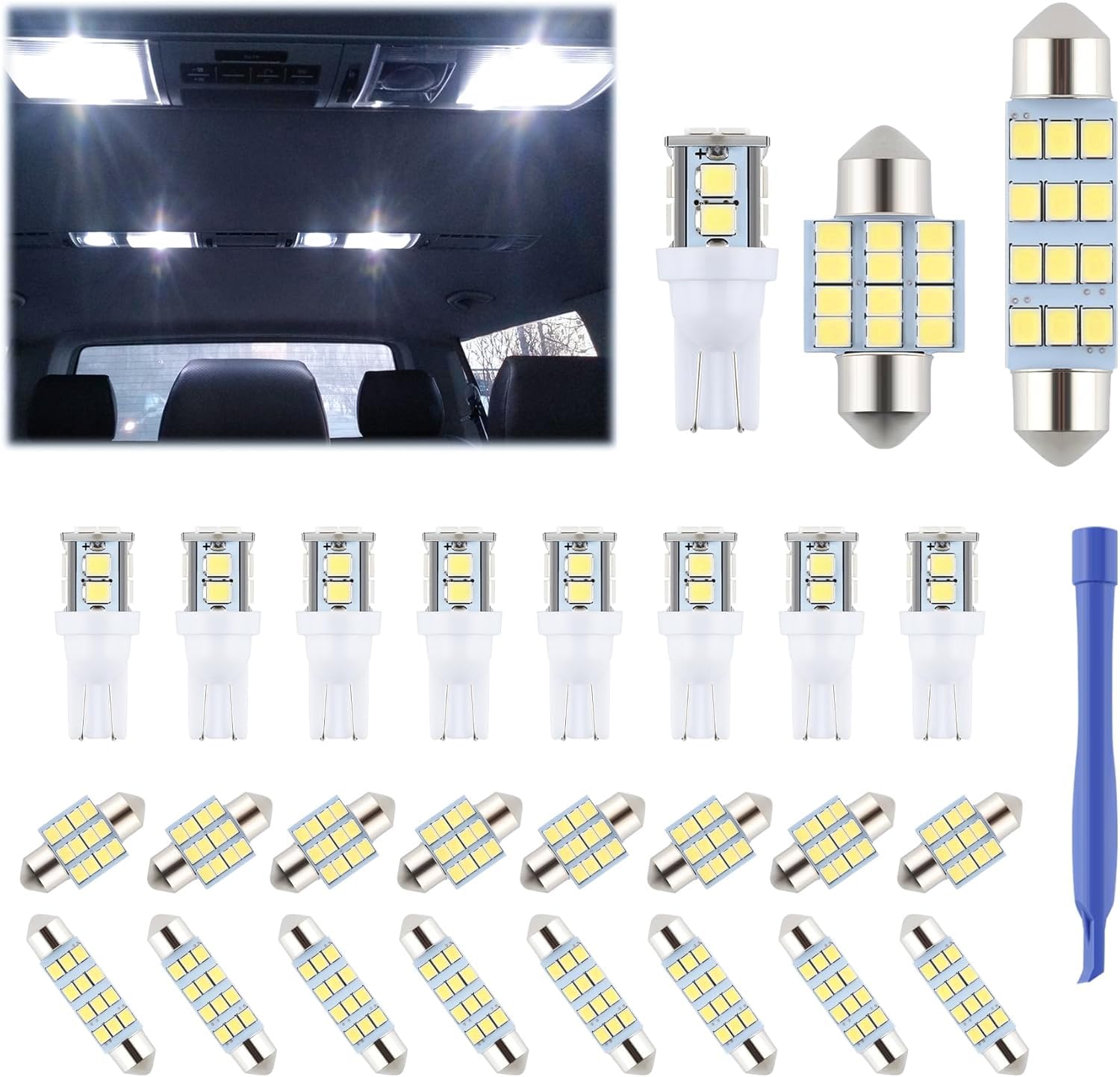 Photo 1 of iFunyLED 24 Pieces Dome Light LED Car Interior Bulb Kit Set 194 T10 DE3175 578 31mm 42mm Bulbs Interior Replacement Lights for Car Map License Plate Door Side Marker Cornering Trunk Light - Cool White