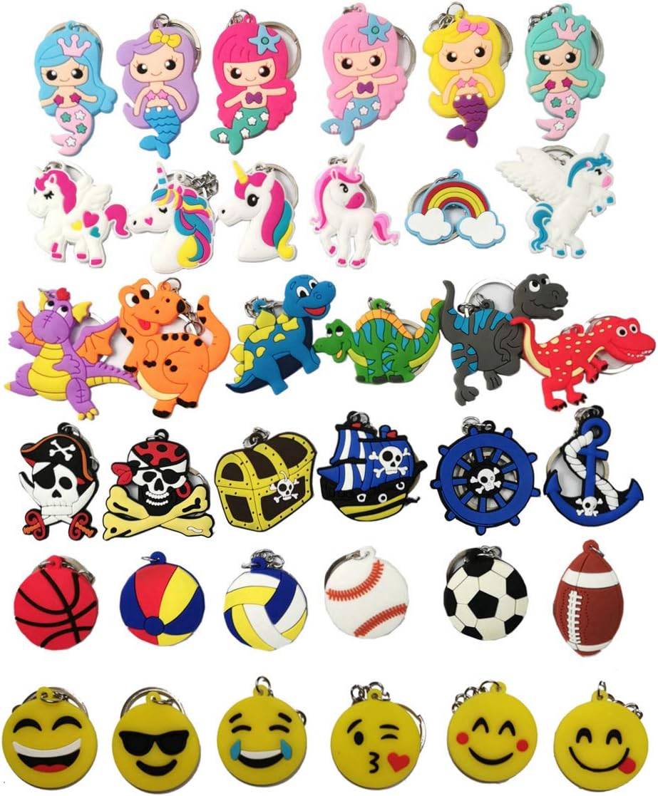36pcs 6 sets Key Chain Include Mermaid Unicorn Dinosaur Pirate Balls and Christmas Gifts Key Tags Goodie Bag Stuffer Holiday Charms