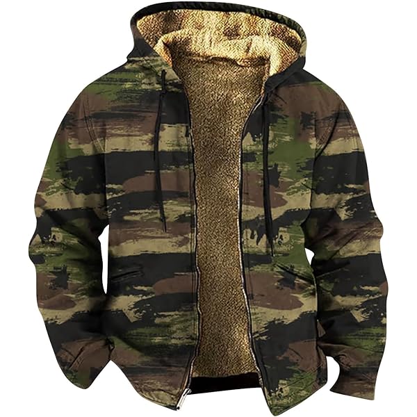 XDFVC Mens Fleece Jacket Camo Winter Coat Zip Up Hooded Jacket