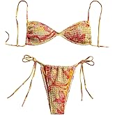 SOLY HUX Women's Triangle Bikini Set Textured Smocked String Swimsuit Boho Two Piece Bathing Suit