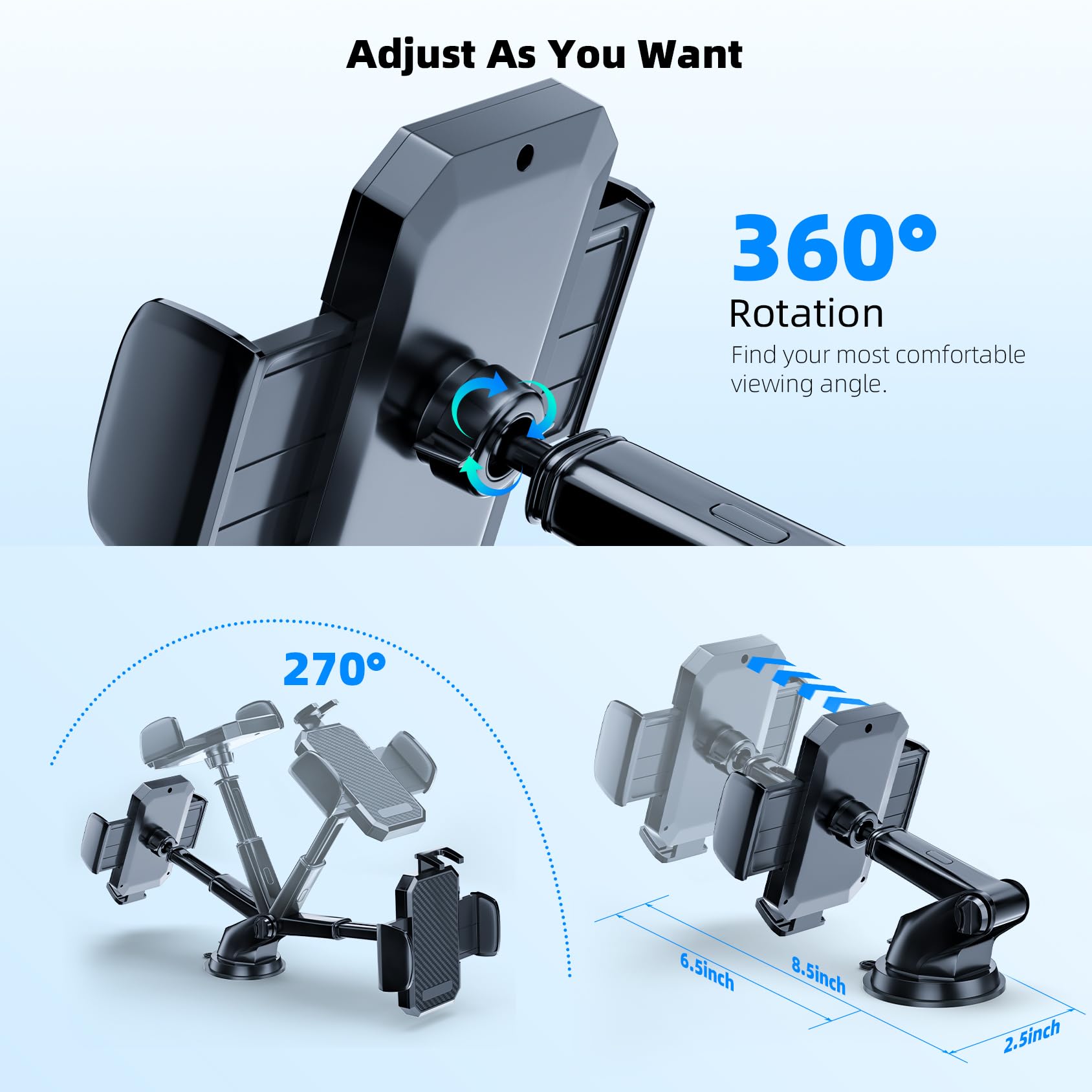 FBB Phone Mount for Car, [ Off-Road Level Suction Cup Protection ] 3in1 Long Arm Suction Cup Holder Universal Cell Phone Holder Mount Dashboard Windshield Vent Compatible with All Smartphones