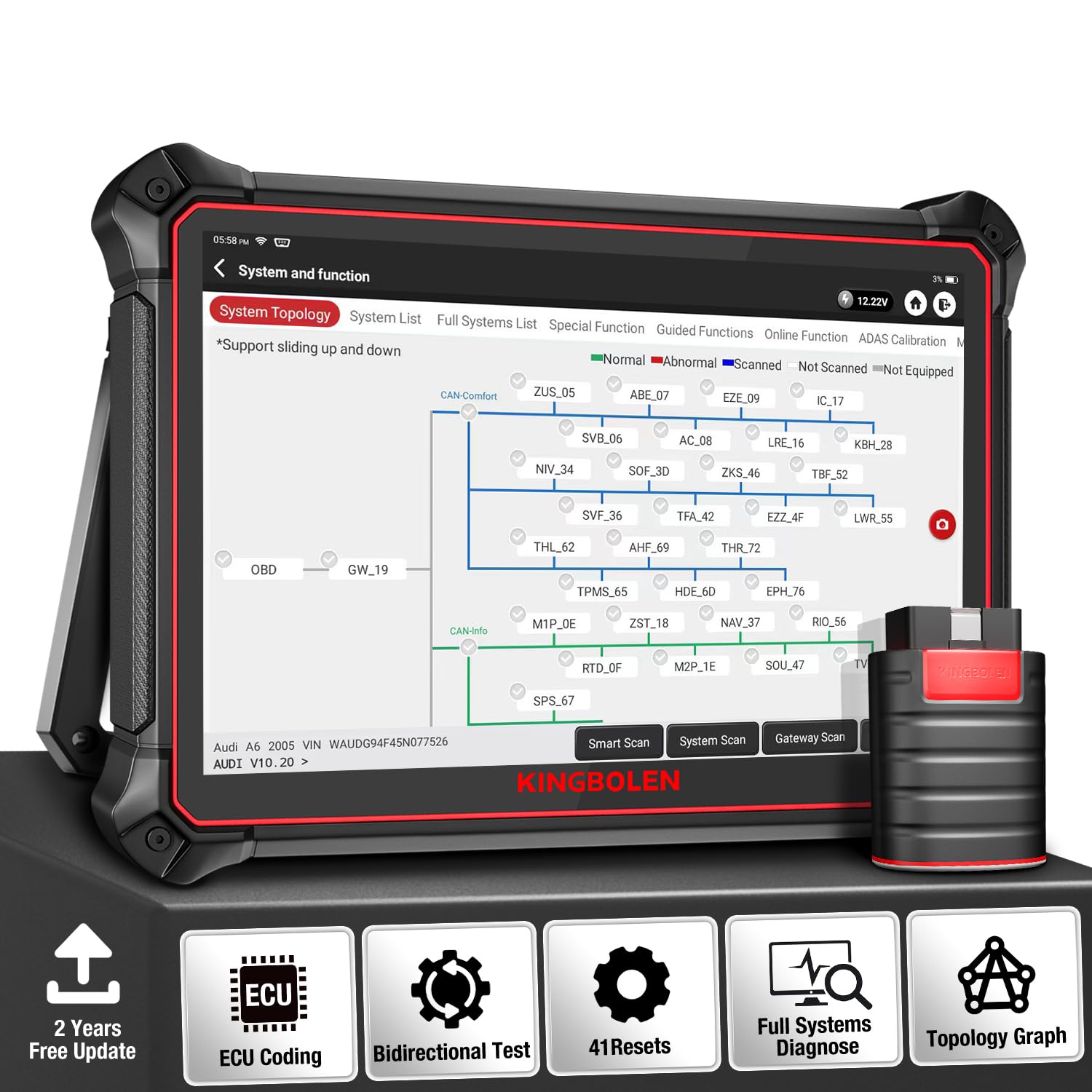 KINGBOLEN K10 Bi-Directional Scanner Full Systems Diagnostic Scan Tool, Topology Graph, 41+ Resets, ECU Coding, ADAS Calibration, FCA AutoAuth, 2 Years Fr-ee Update 10