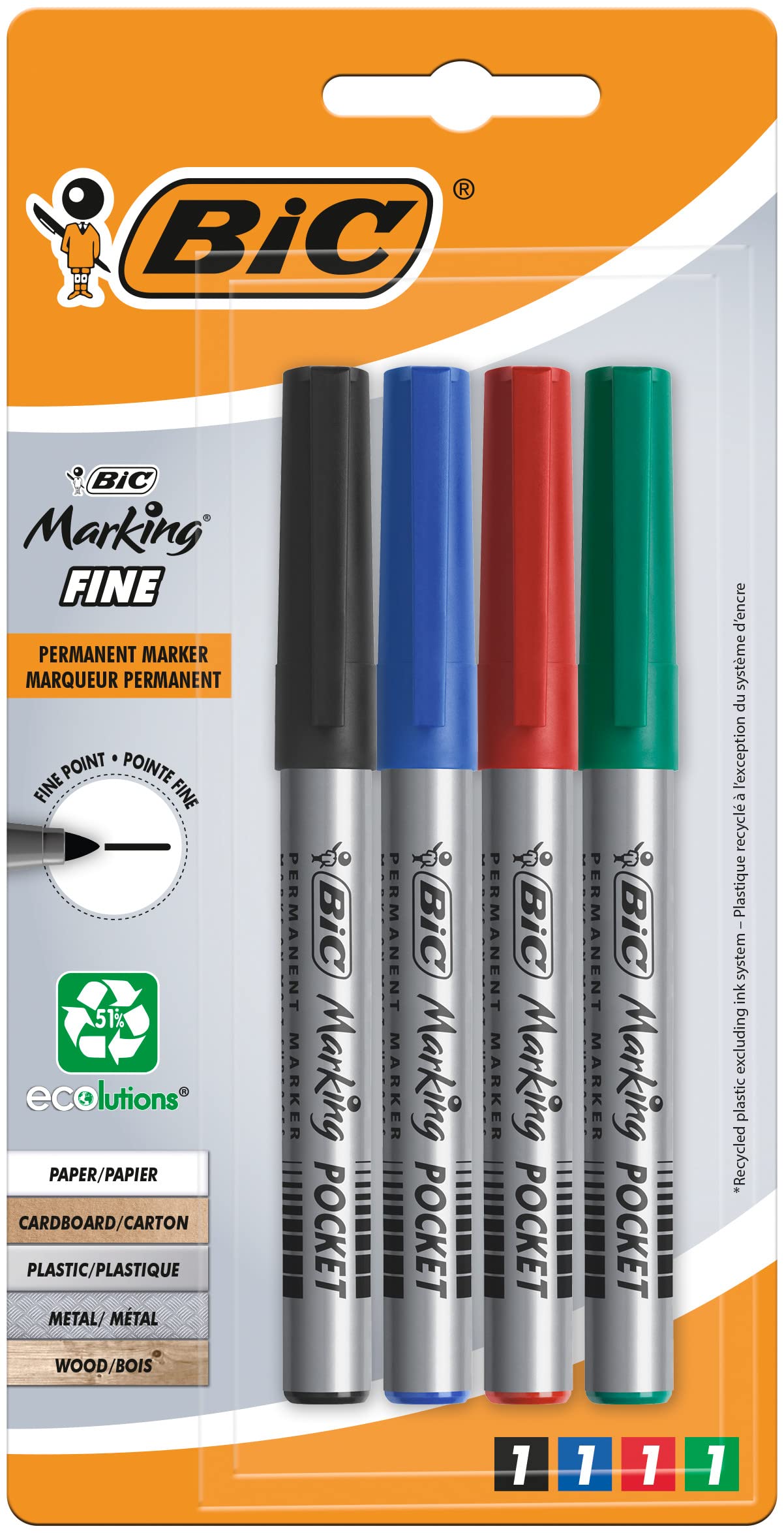 BiC Marking Fine Permanent Marker, Pack of 4