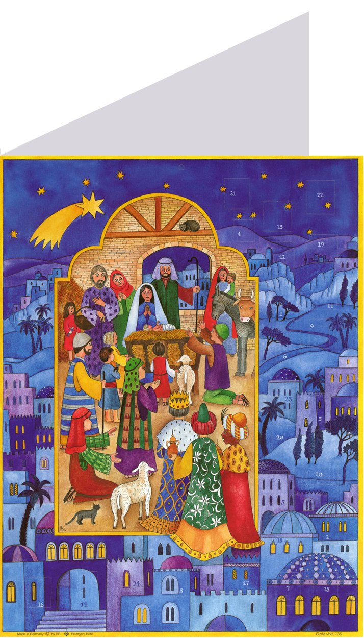 Mini Advent Card with 24 Doors 105 x 155 mm Blank with Envelope Nativity Blue Bethlehem - 40039 - Traditional German Design