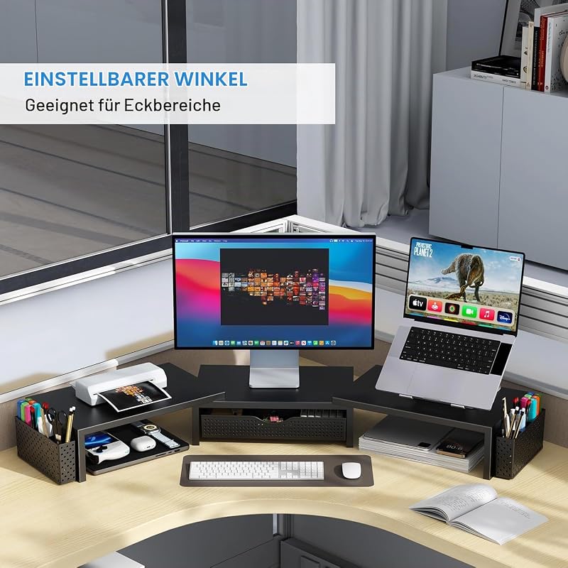 Doppel Monitorständer, Metall Monitor Erhöhung mit Schublade und 2 Stifthaltern, einstellbare Länge und Neigung – Dual Monitor Stand Riser für Laptop, PC, Computer, Drucker (Schwarz)