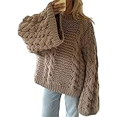 Tbahhir Women's Oversized Cable Knit Sweaters Crewneck Pullover Loose Long Sleeves Ribbed Chunky Slouchy Tunic Tops