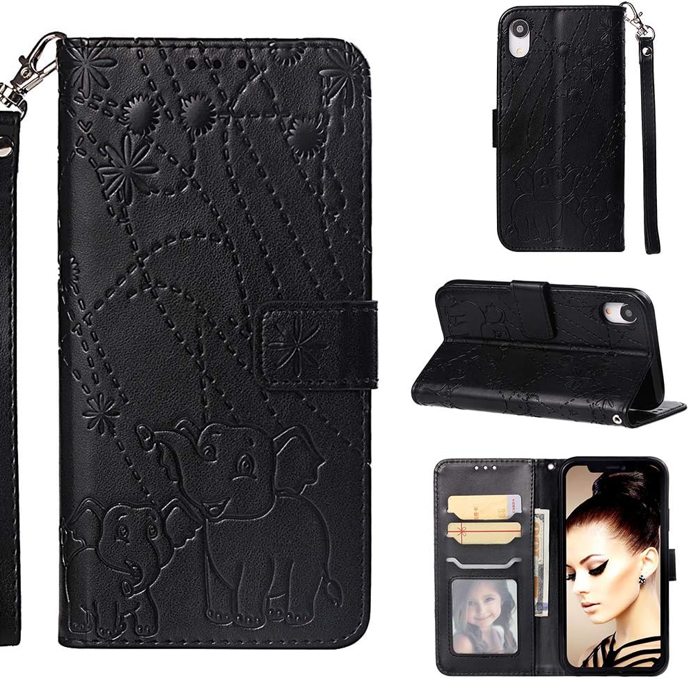 Voanice for iPhone XR Case, PU Leather Wallet Flip Cover with Credit Card Slots Holder [Kickstand] Shockproof Cute Protective Phone Case Wrist Strap Magnetic for Apple iPhone XR and Stylus-Black