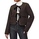 YEXPINE Women's Tie Front Jacket Cropped Long Sleeve Open Front Wool Blend Coats Winter Outerwear