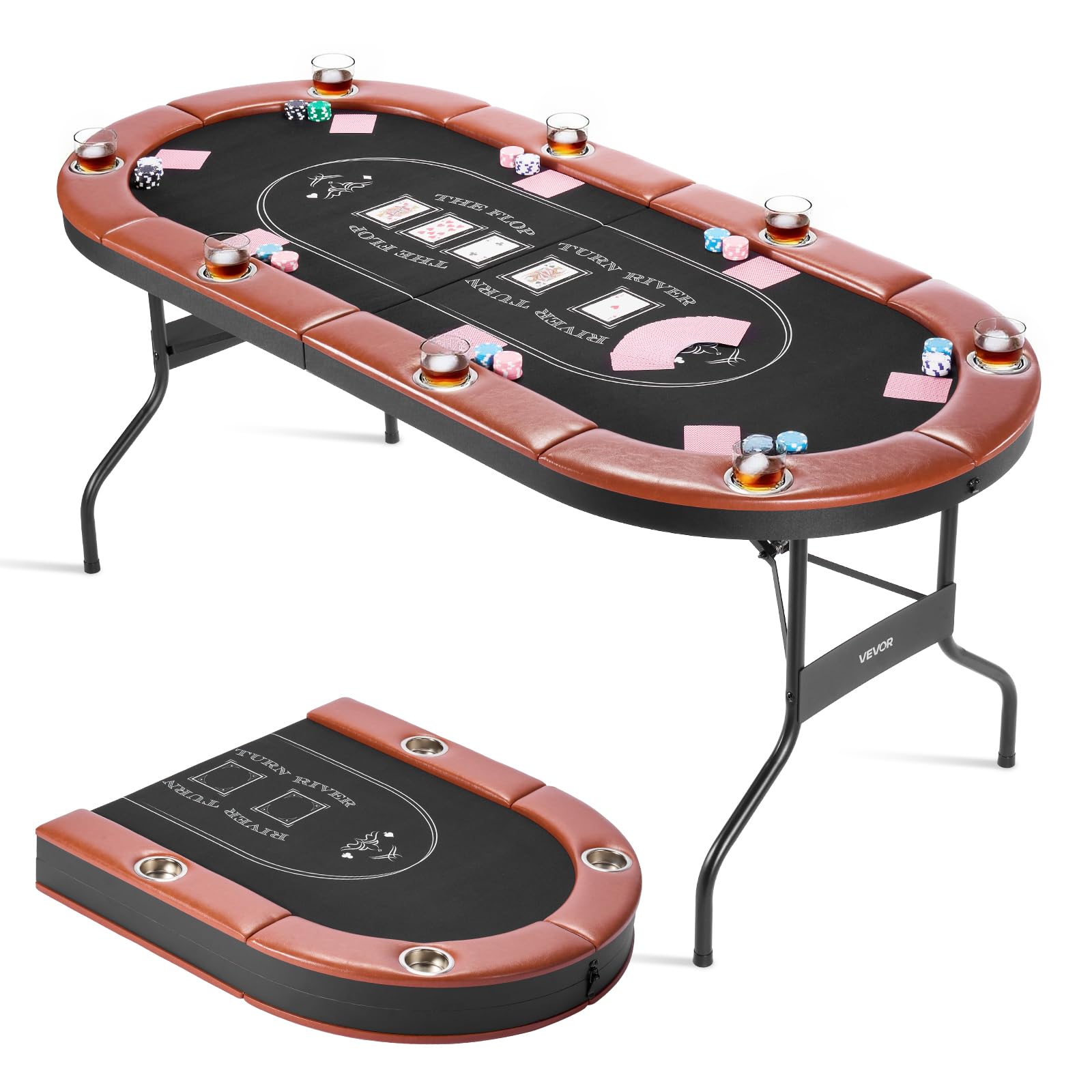 Photo 1 of VEVOR Foldable Poker Table, 8 Player 72 in Folding Casino Leisure Table with Padded Rails and Cup Holders, Oval Portable Game Tables with Felt & Metal Legs, for Texas Hold'em Game and Blackjack
