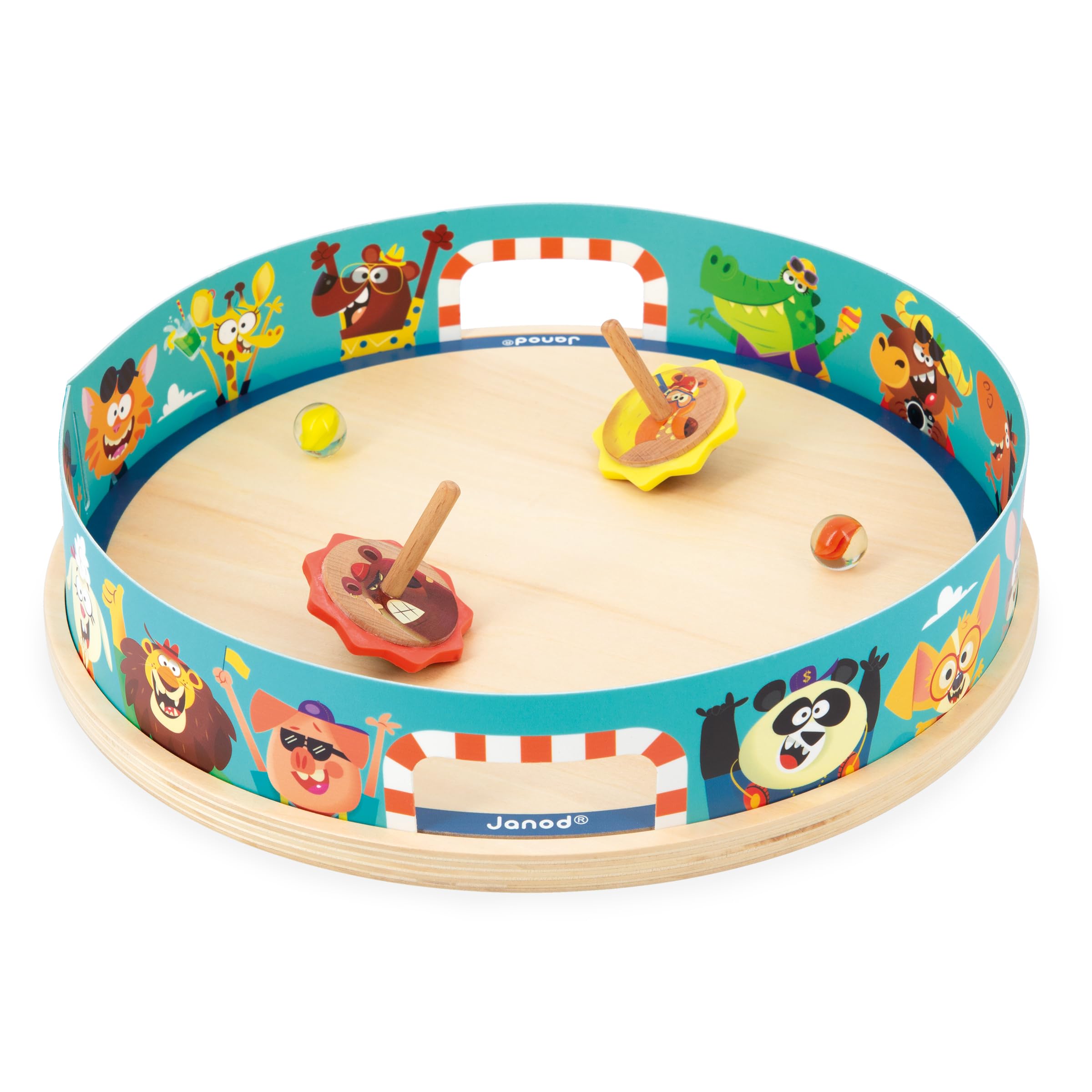 Janod - Applepop Spinning Top Arena - Children’s Game of Skill - 1 Arena + 2 Spinners with Launchers + 2 Glass Marbles - Develops Dexterity - FSC Wood Toy - 4 Years +, J03355