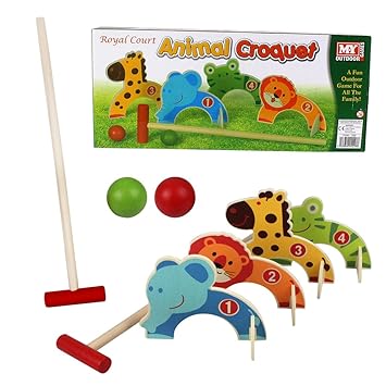 KIDS WOODEN ANIMAL CROQUET GOLF TOY SET GARDEN OUTDOOR CHILDRENS PLAY FUN GAME
