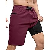 SILKWORLD Men's Swim Trunks with Compression Liner 9" Swimming Trunk 2 in 1 Beach Quick Dry Shorts with Zipper Pocket