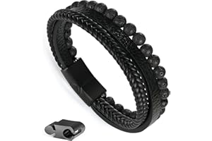 Ailetop Gifts for Men - Layered Leather Beads Bracelet, Tiger Eye Lava Rock Stone Braided Leather Bracelets for Men Adjustable Magnetic Clasp Birthday Gifts