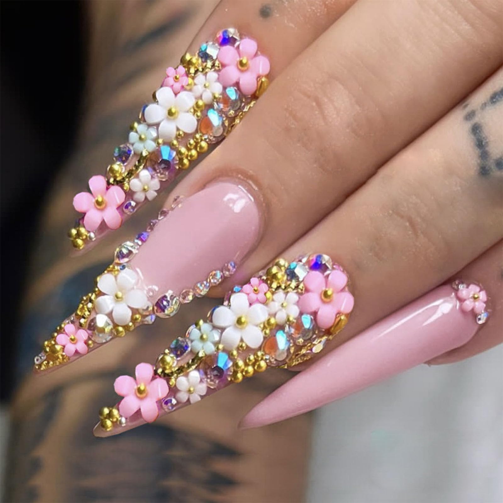 IMRAIN Long Press on Nails Stiletto Pink Fake Nails Rhinestone & Flower Designs Glossy Glue on Acrylic Nails Full Cover Luxury Bling Handmade Stick on False Nails for Women 24Pcs